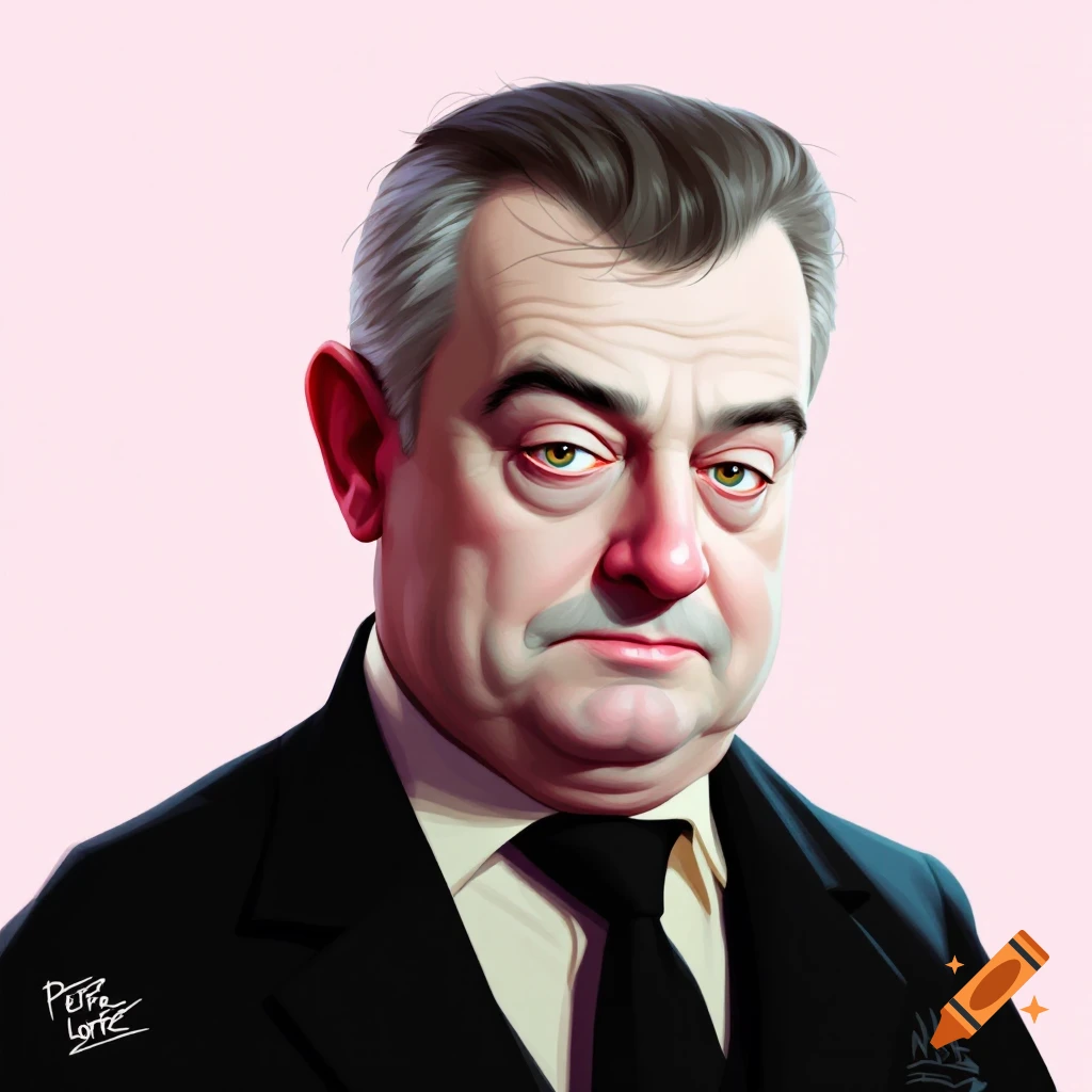 Caricature portrait of Peter Lorre in a suit and tie
