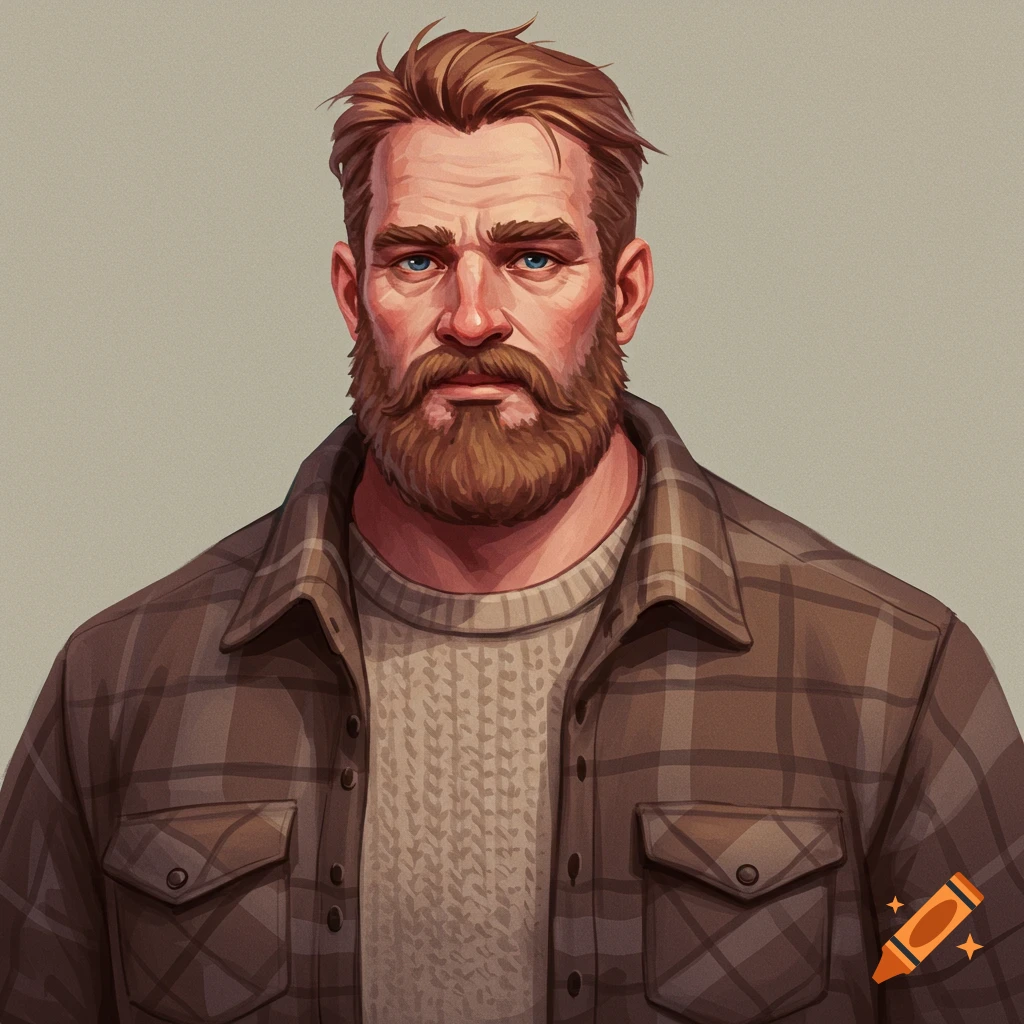 A portrait of a bearded man wearing a plaid shirt and a sweater.