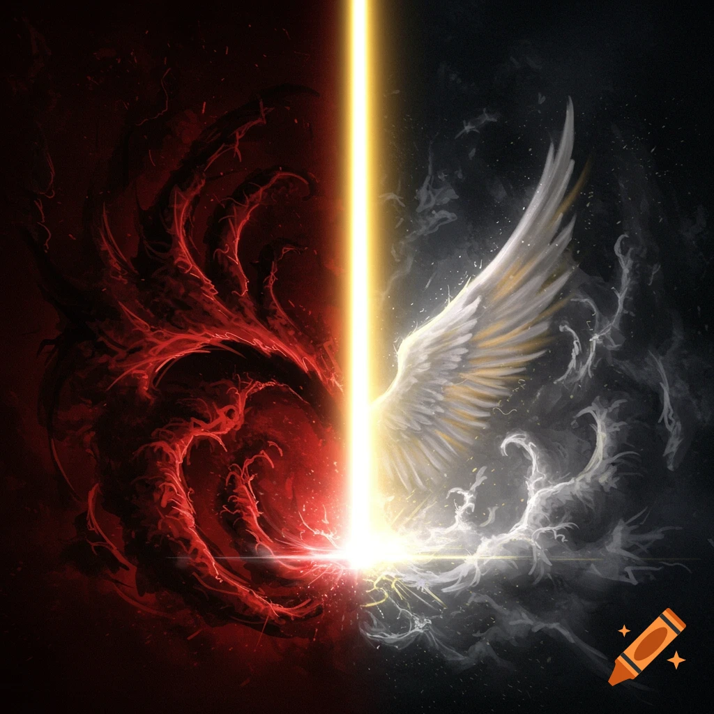 Showing dark red organic shapes on the left and a white wing on the right, divided by a vertical beam of light.