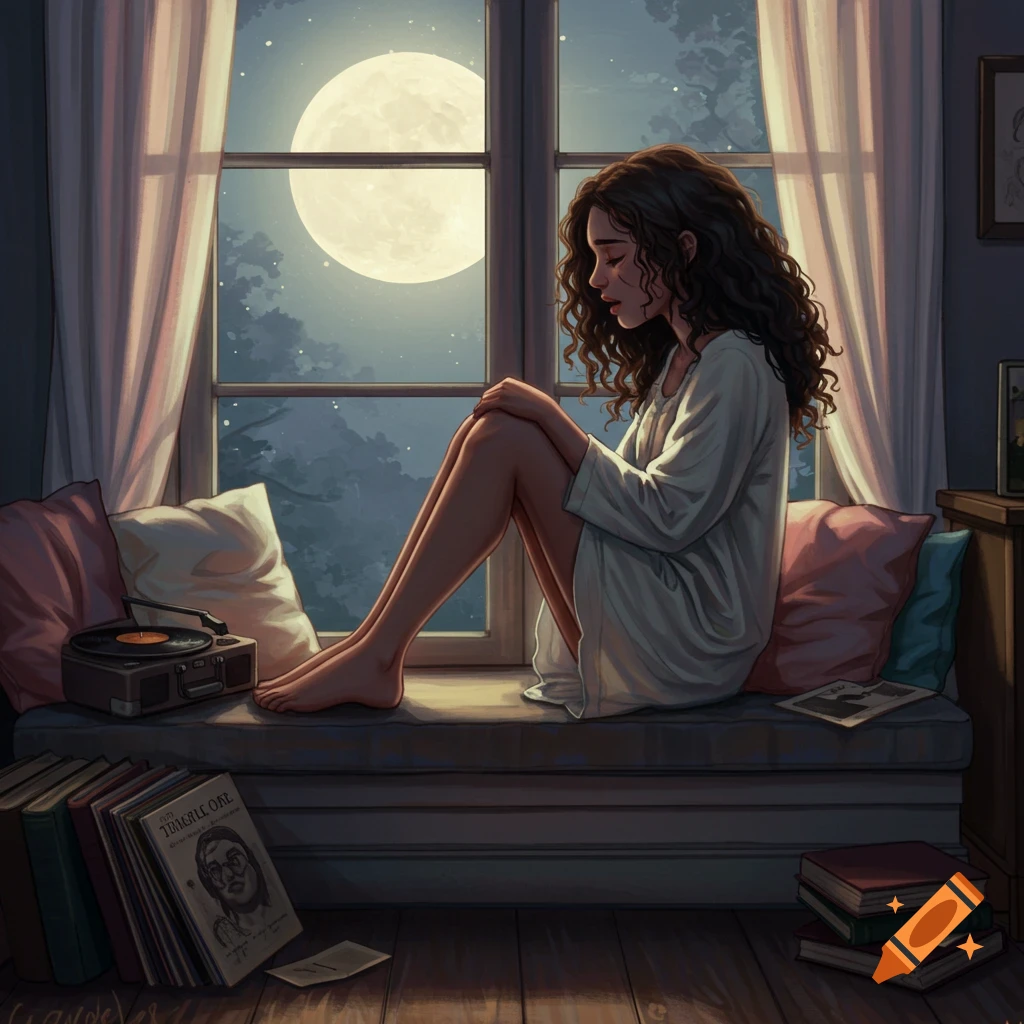 A sad woman sits by a window at night with a full moon, a record player nearby.