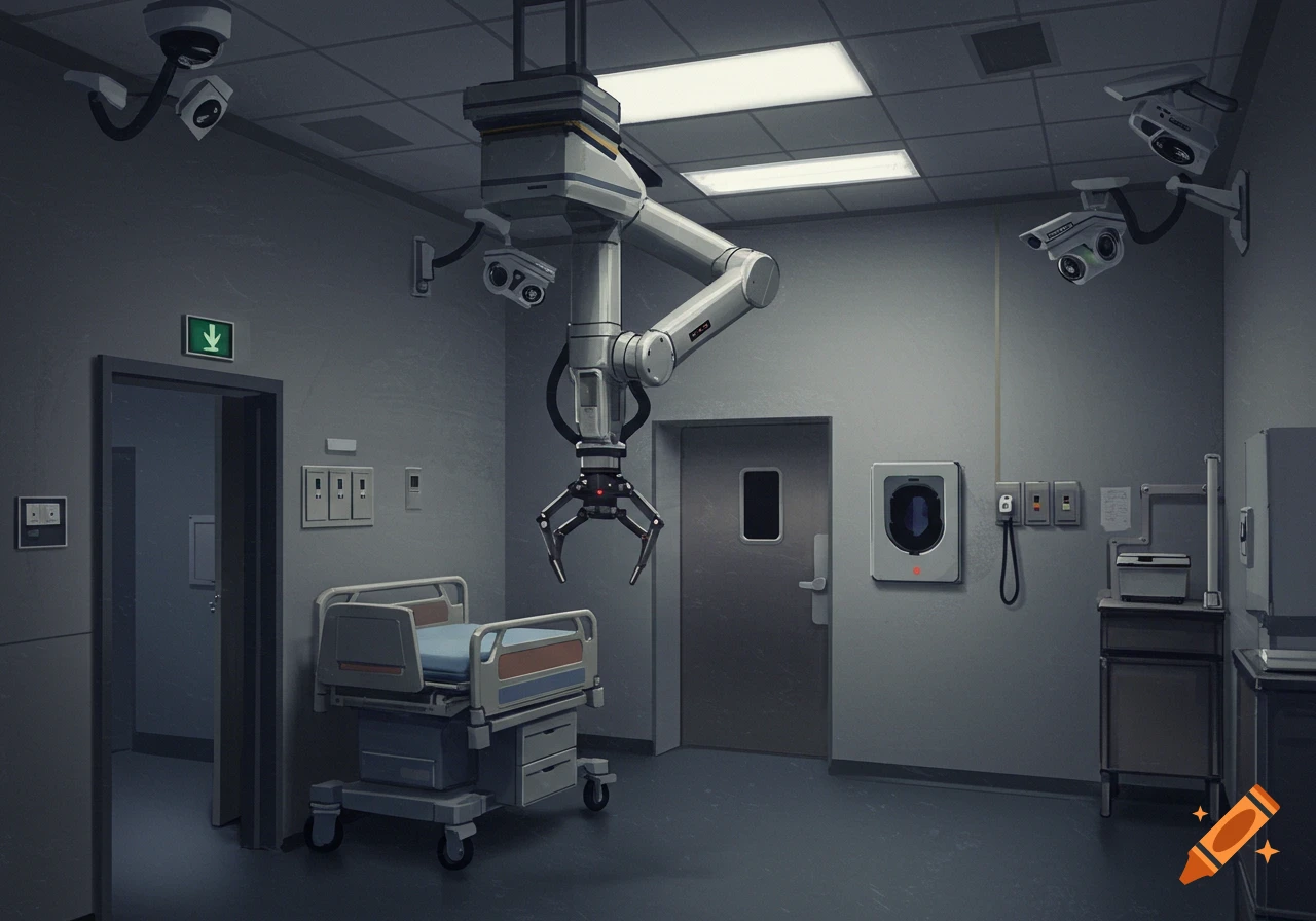 A hospital room with a large robotic arm, medical bed, and surveillance cameras.