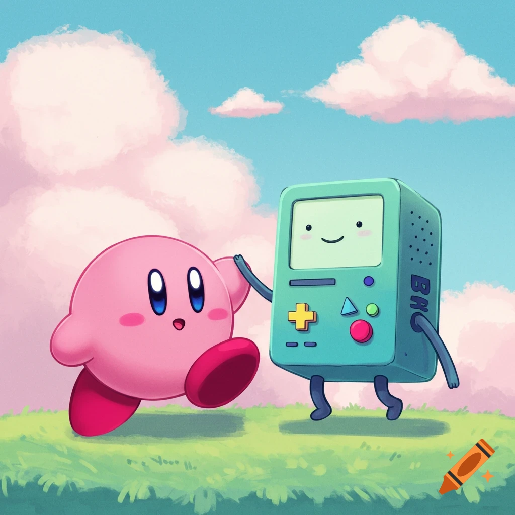 Kirby and BMO walking in a field, digital art.