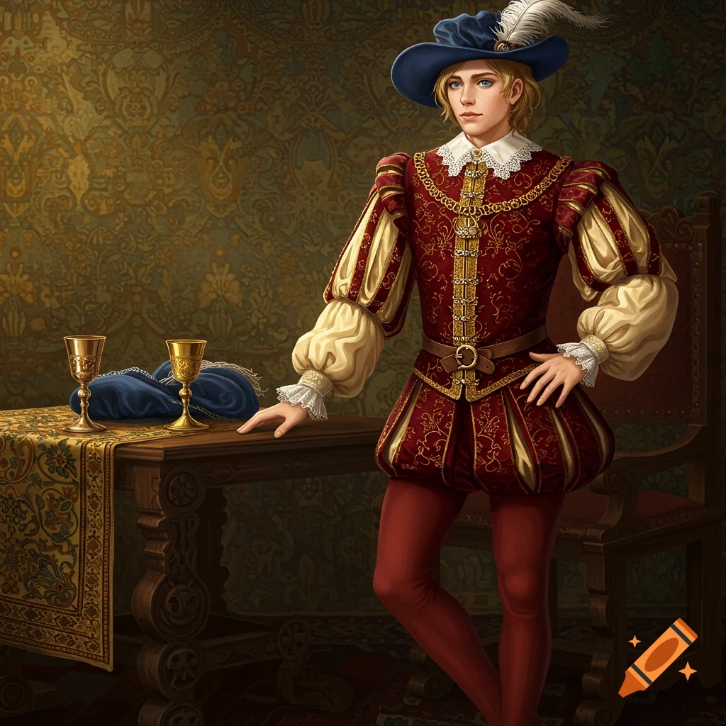 A young man in elaborate Renaissance clothing stands by a table with goblets.