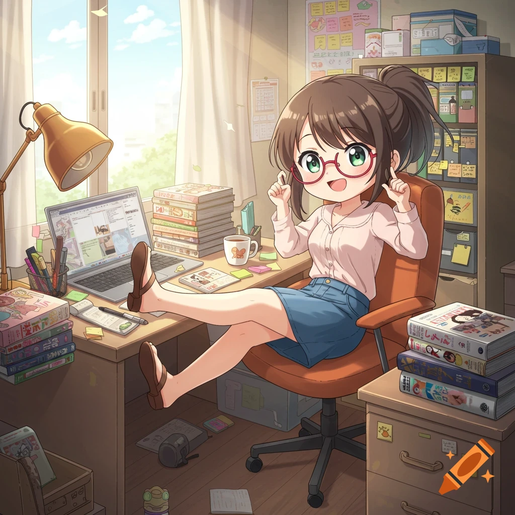 Anime girl with brown ponytail and glasses sitting at a messy desk in an office.