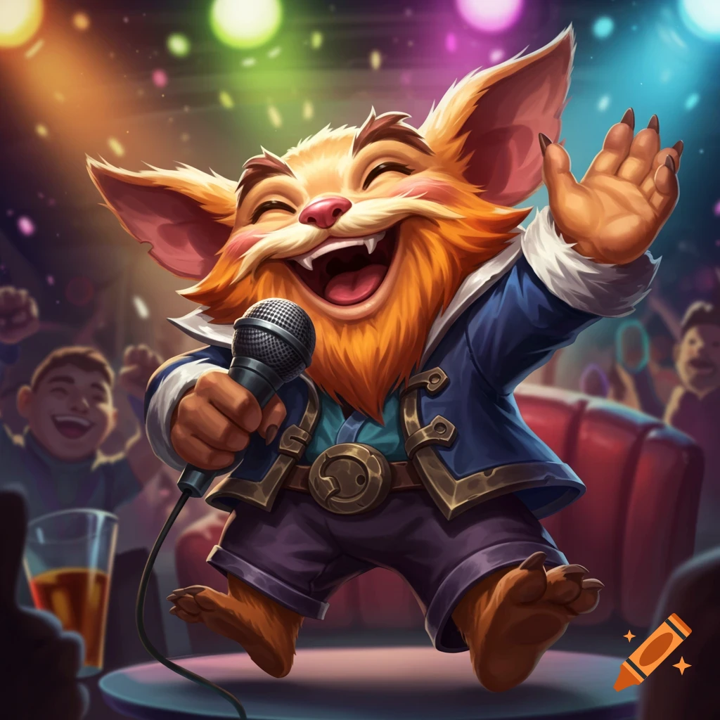 Gragas the character singing karaoke on a stage.