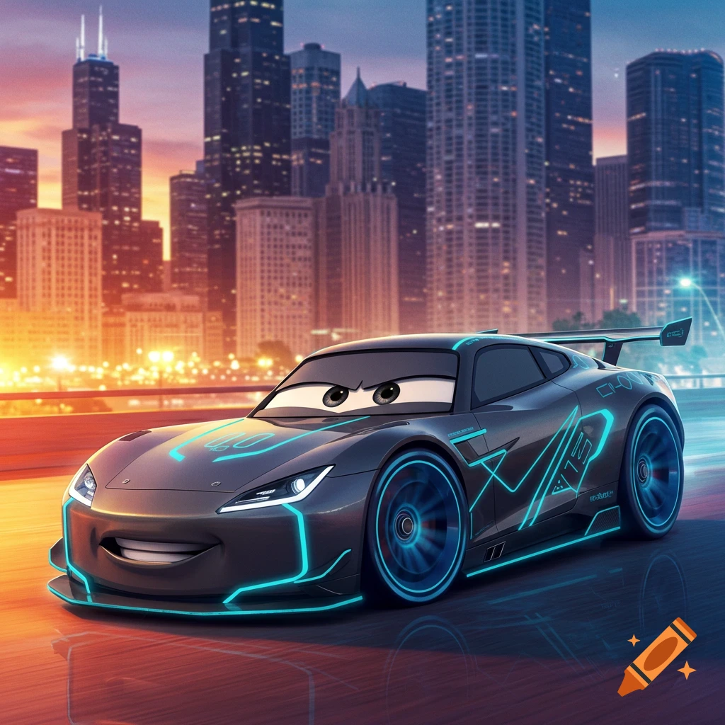 Stylized dark grey car with glowing blue accents drives through a futuristic city at sunset.