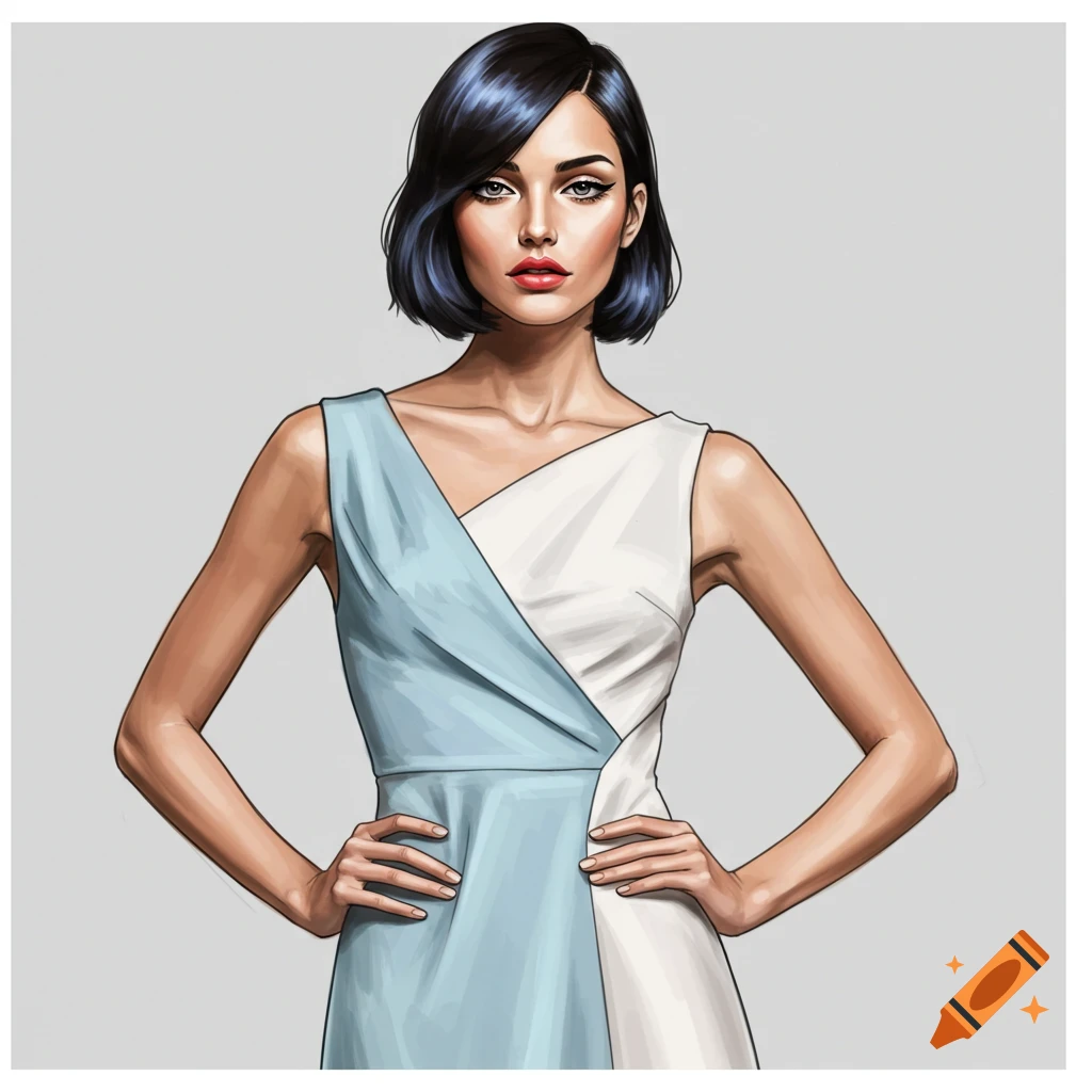 A woman in a blue and white dress with hands on her hips.