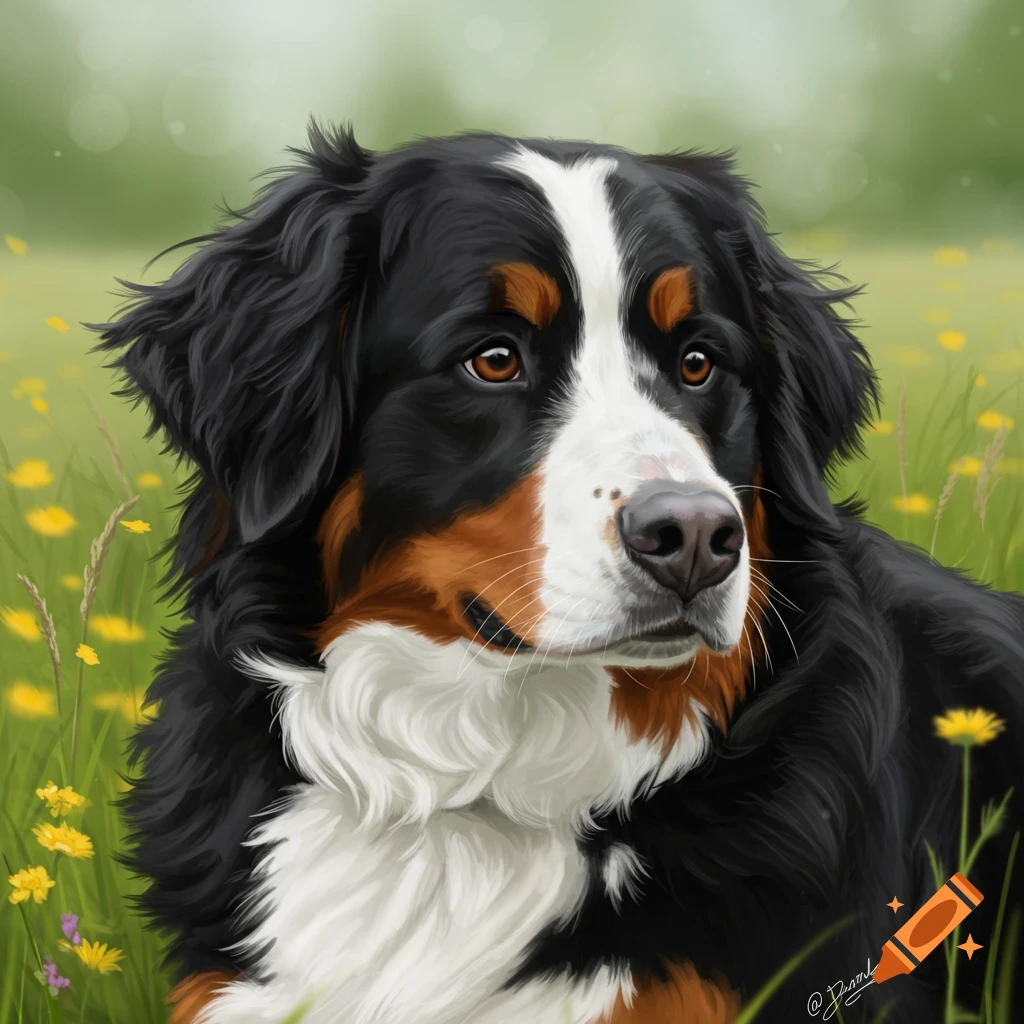 A Bernese Mountain Dog sitting in a field of yellow flowers.