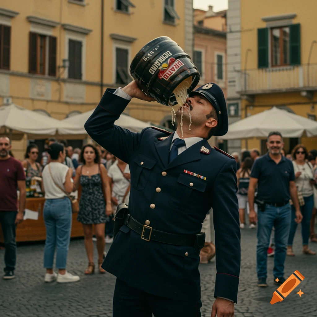 Italian police officer drinks from a small beer keg in a busy street square.