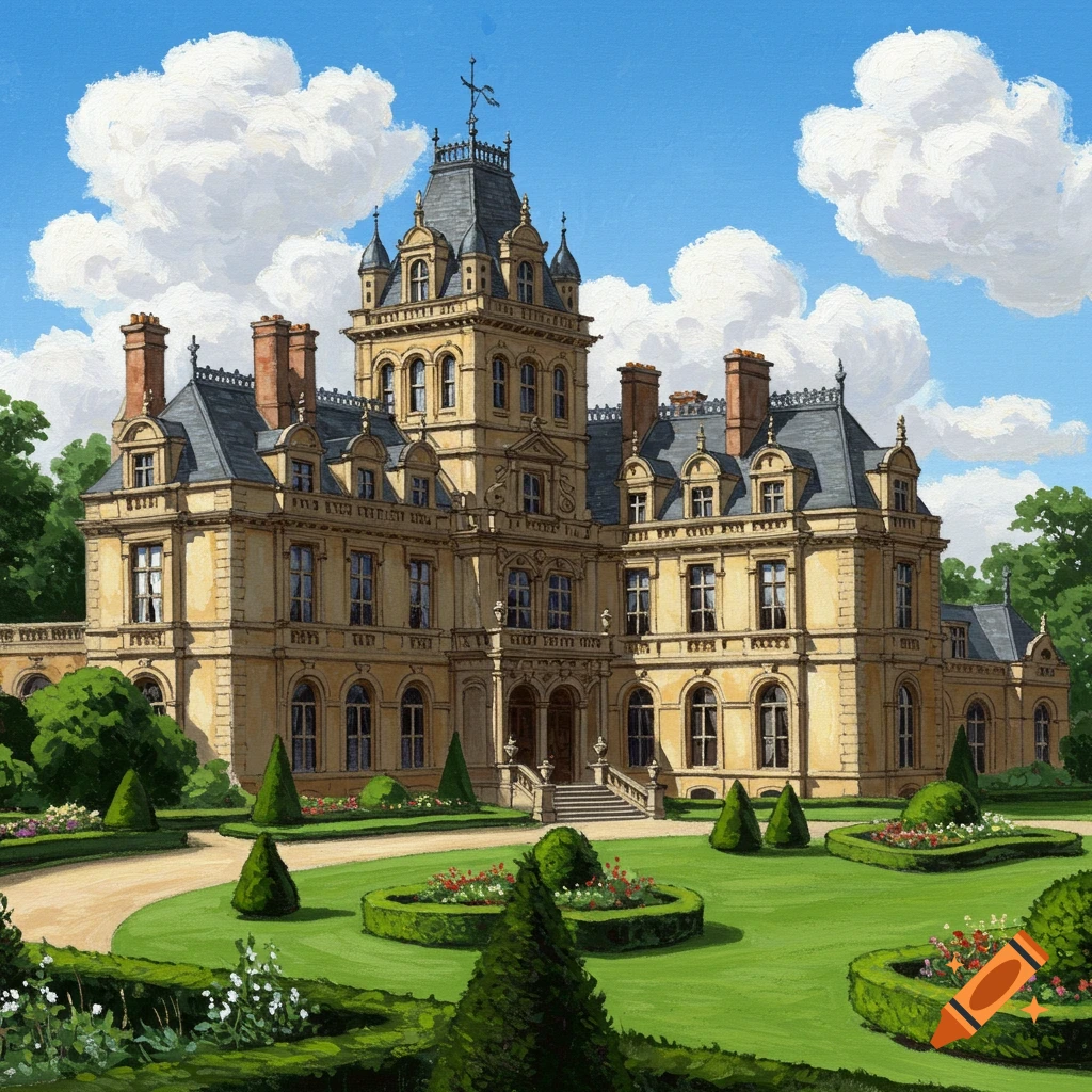 Grand 1800s mansion with elaborate gardens and cloudy sky.
