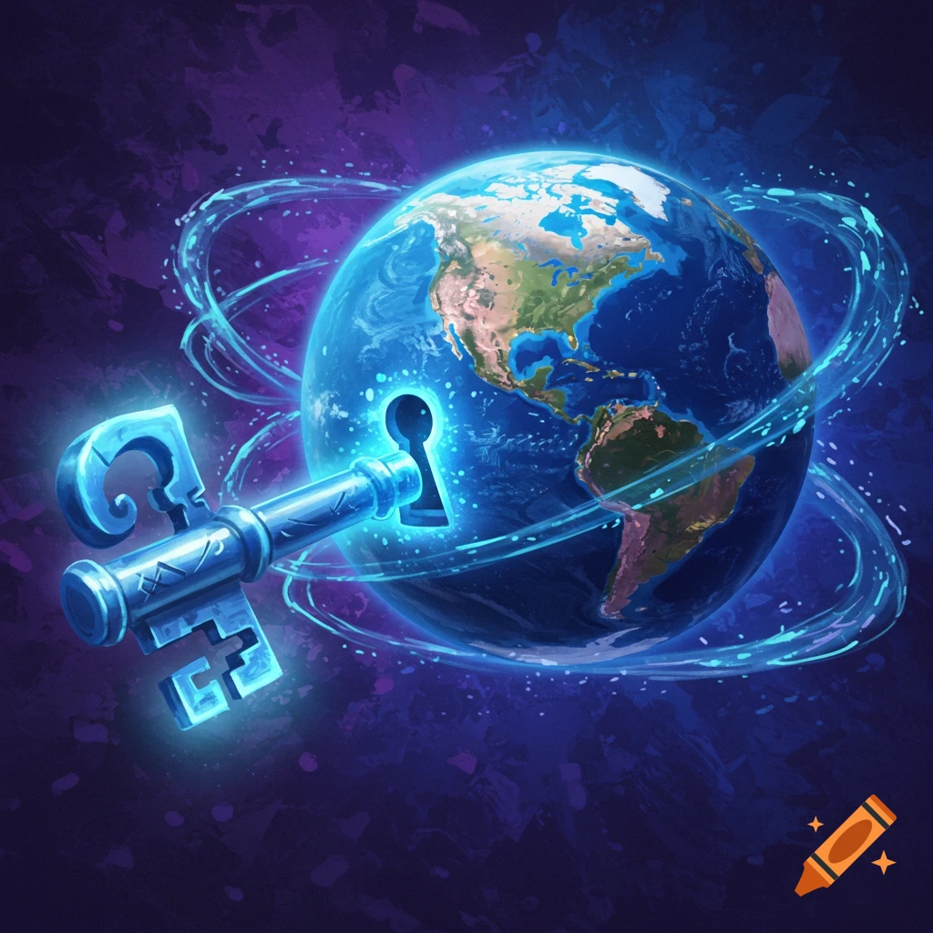 A blue key unlocks a keyhole in the Earth, with swirling blue light trails.