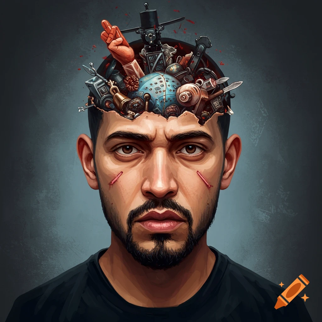 A man with his head open, revealing a chaotic mix of objects representing internal struggle.