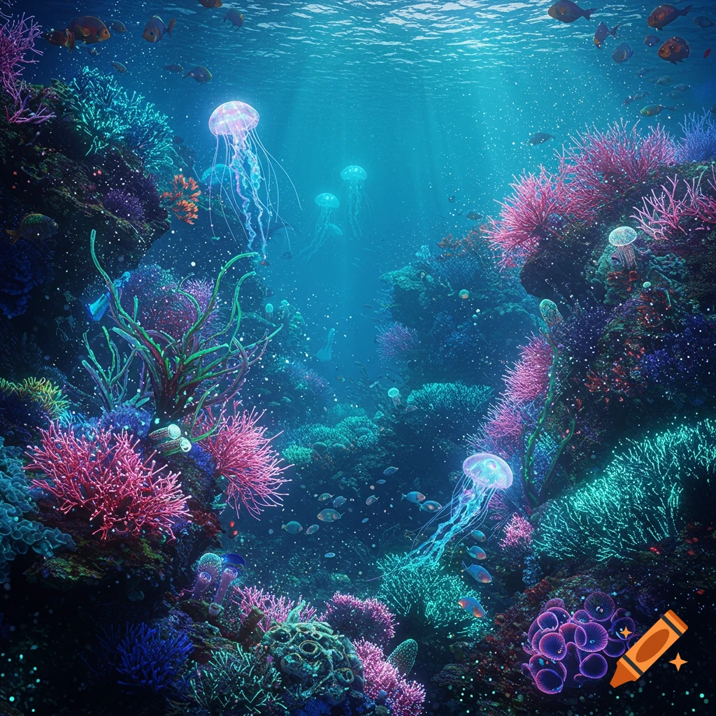 An alien coral reef with glowing jellyfish, colorful coral, and fish swimming in deep blue water.