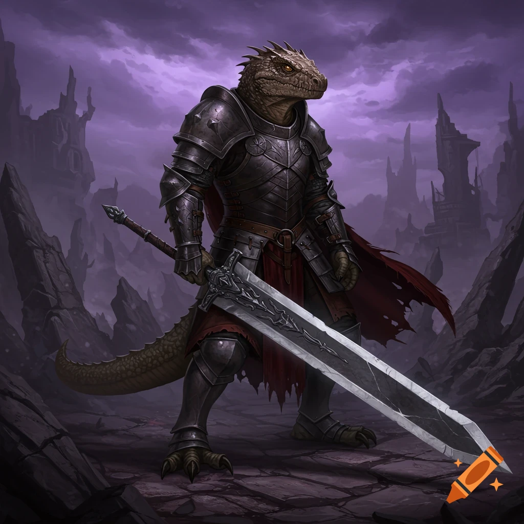 A lizard warrior in dark armor holds a greatsword in a ruined fantasy landscape.
