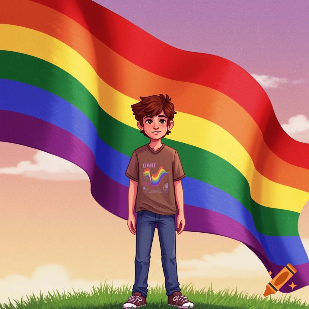 Illustration of a boy standing proudly in front of a large rainbow pride flag.