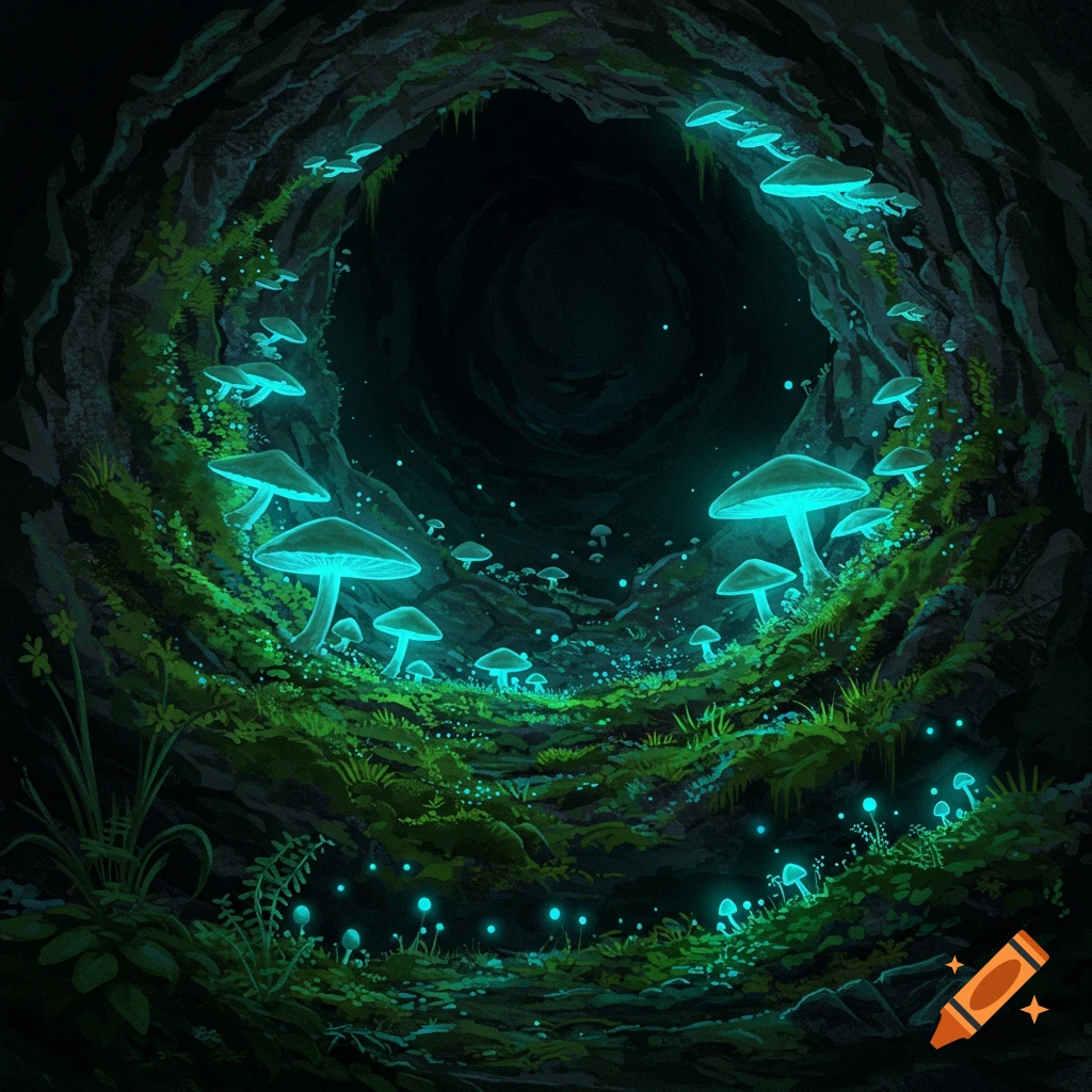 Glowing mushrooms and moss in a dark cave entrance.