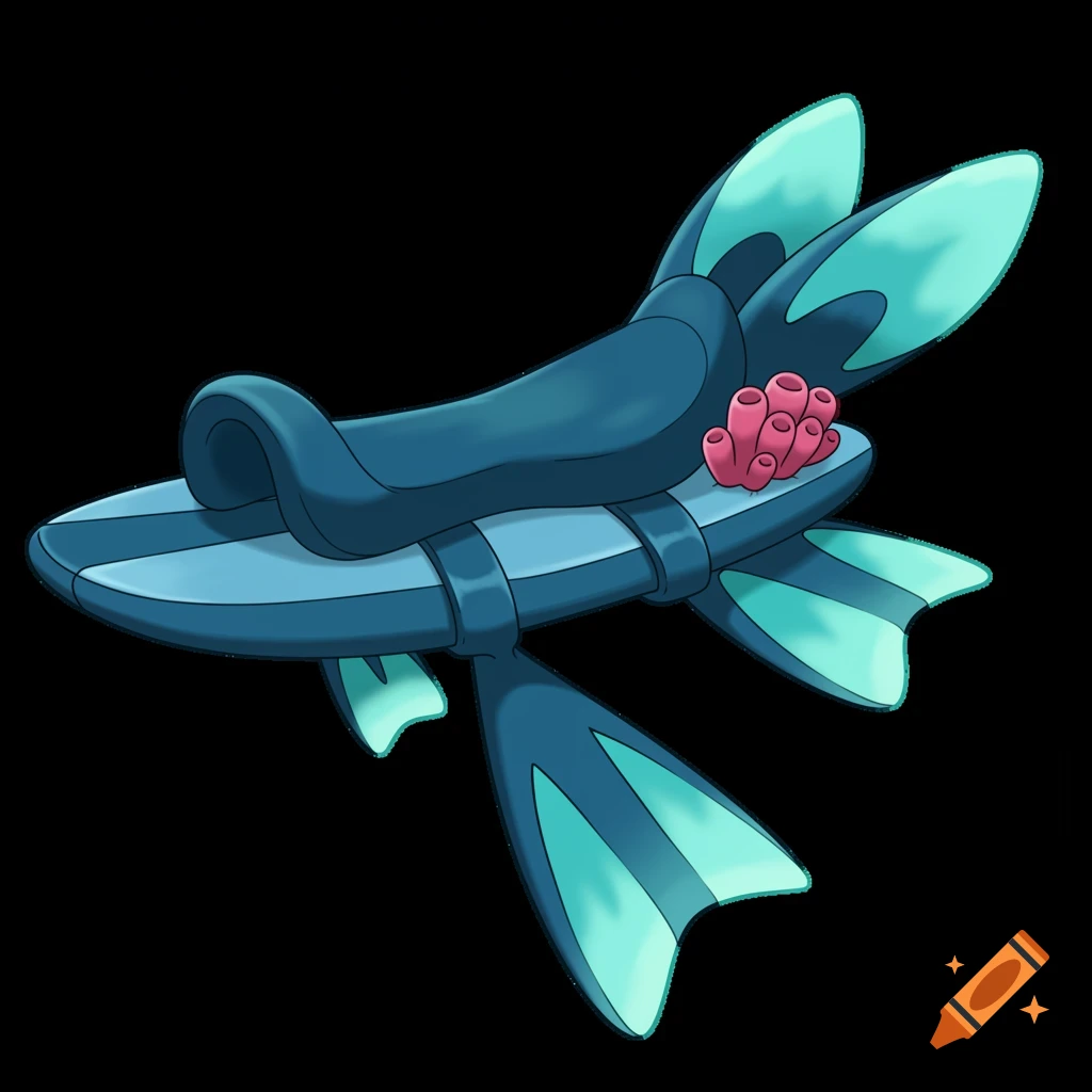A dark blue and light blue surfing saddle for a Pokémon with fins and pink coral.