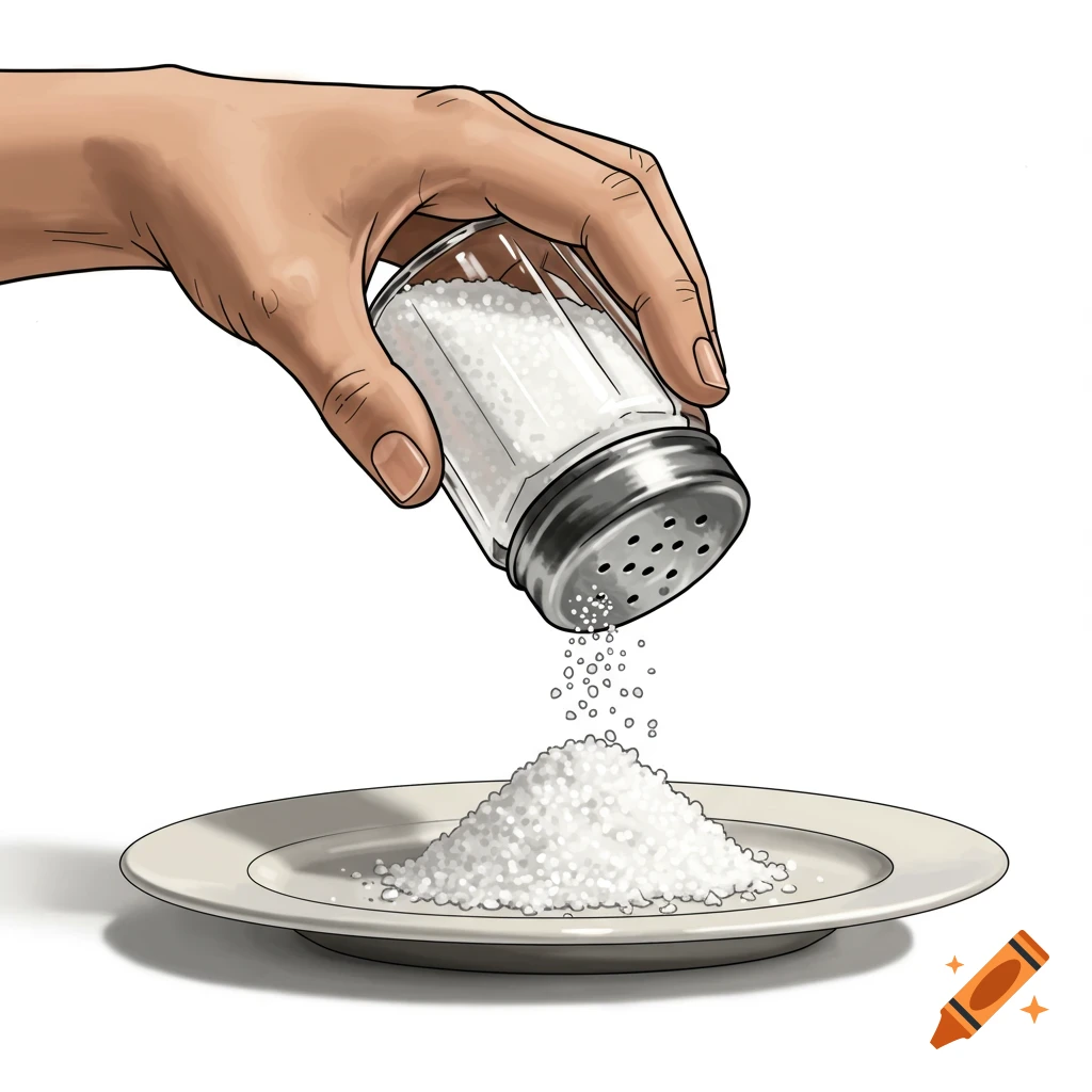 Hand pours salt from shaker onto plate, digital illustration.
