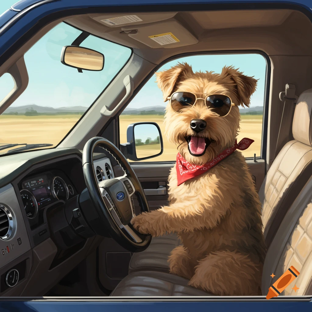 A brown terrier wearing sunglasses and a bandana, sitting in the driver's seat of a blue Ford truck.