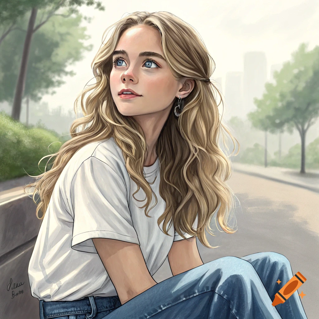 An illustration of a young woman sitting outdoors, looking up with blonde hair and blue eyes.