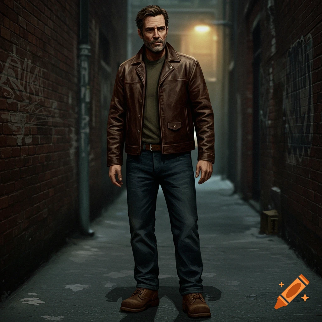 A man in a brown leather jacket standing in a dimly lit alley.