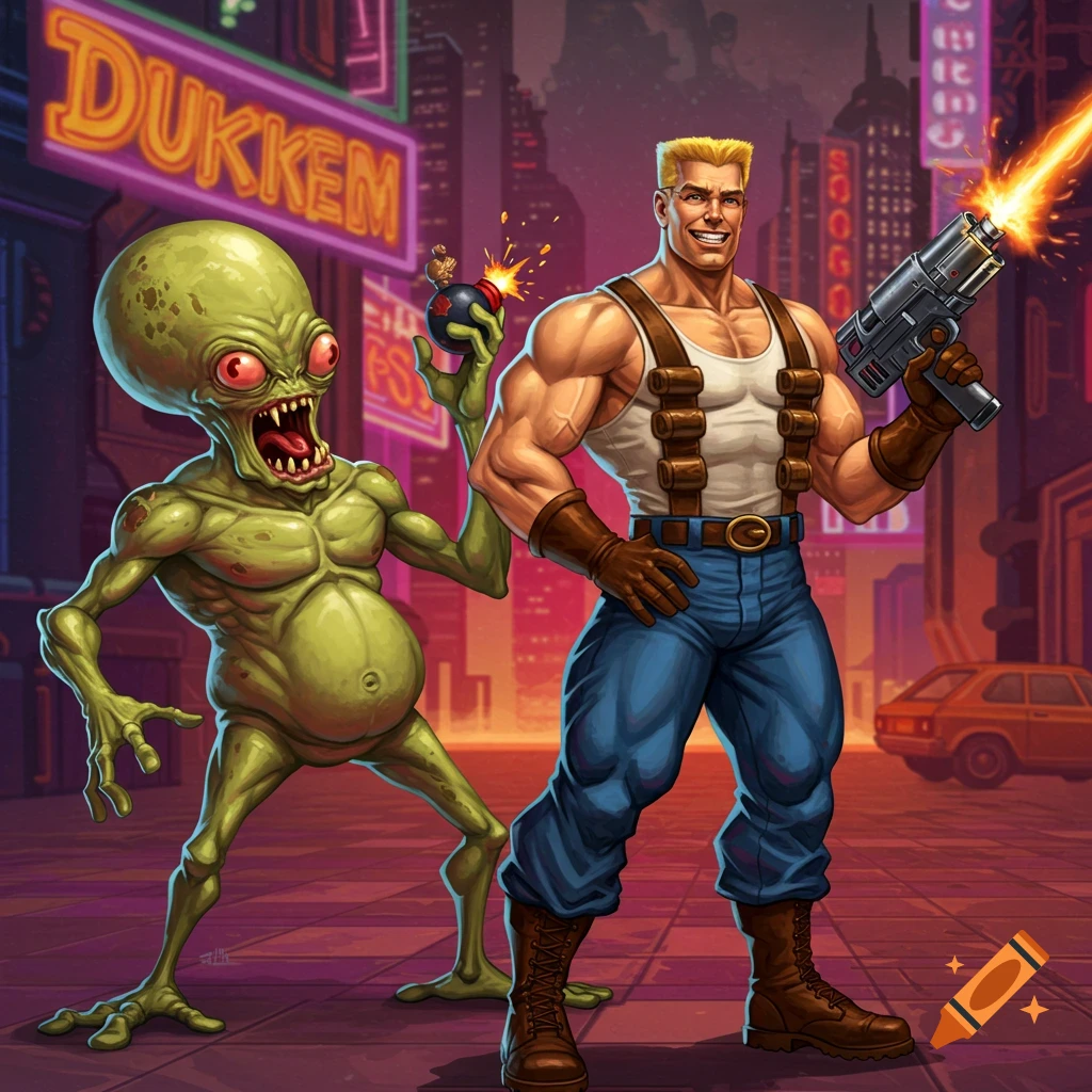 Duke Nukem and a green alien with weapons on a city street at night