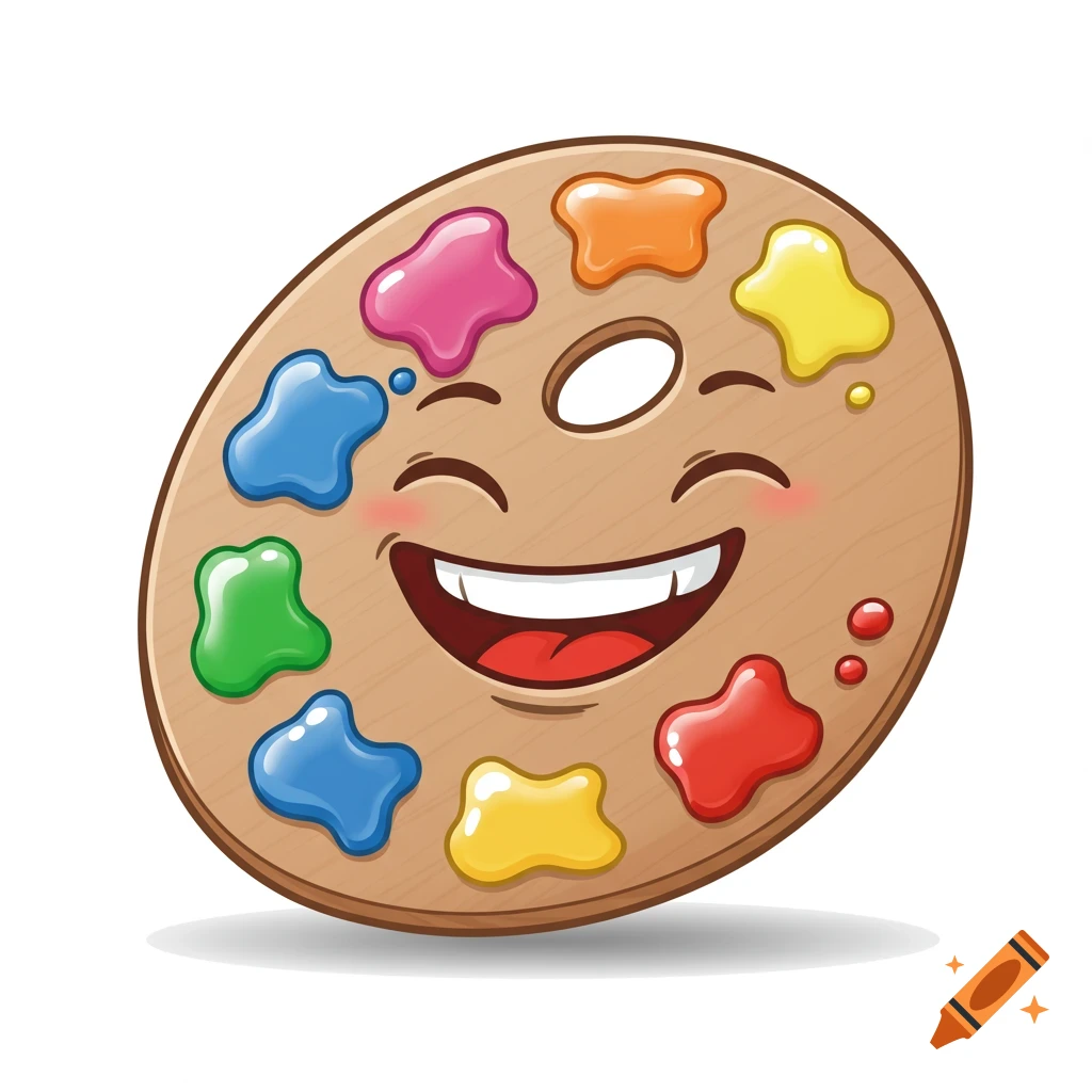 A cartoon paint palette with colorful paint blobs on it is smiling happily.