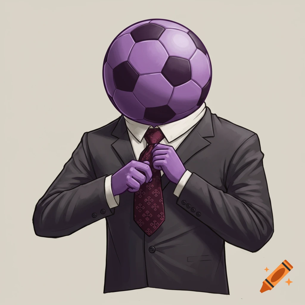 Illustration of a figure with a purple soccer ball head, wearing a suit and tying a tie.