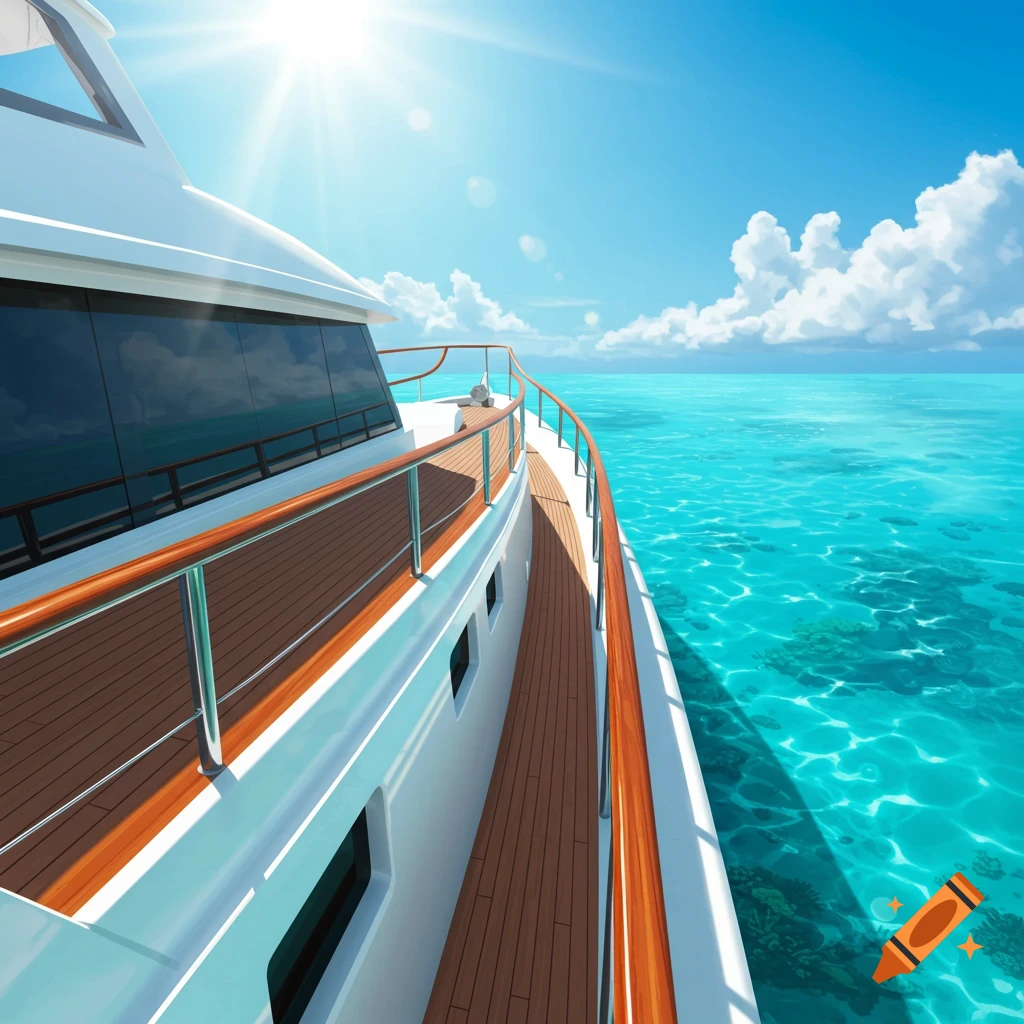 A white yacht on turquoise tropical water under a bright sun.