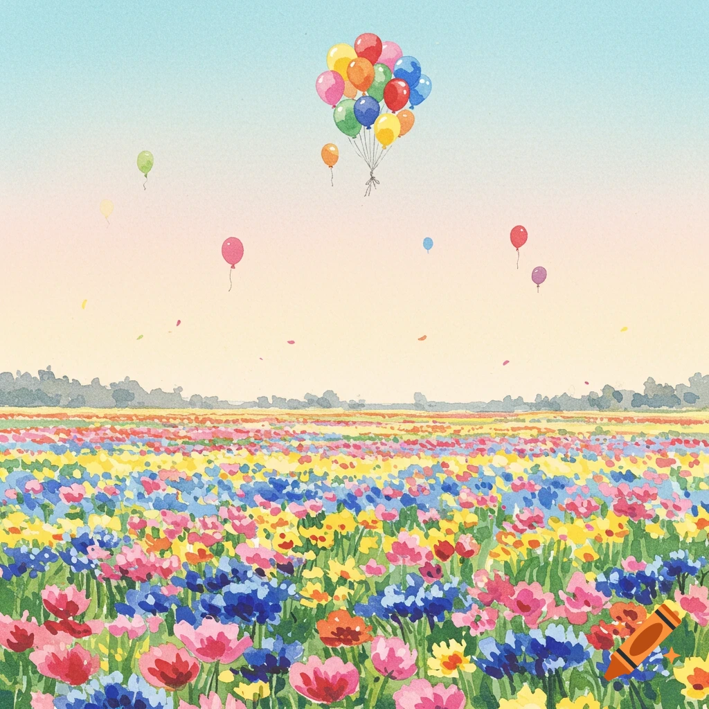 Watercolor painting of a vibrant flower field with colorful balloons floating in the sky.