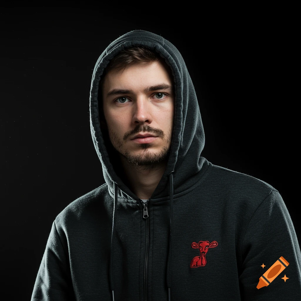 Portrait of a young man in a dark hoodie with a red animal logo.