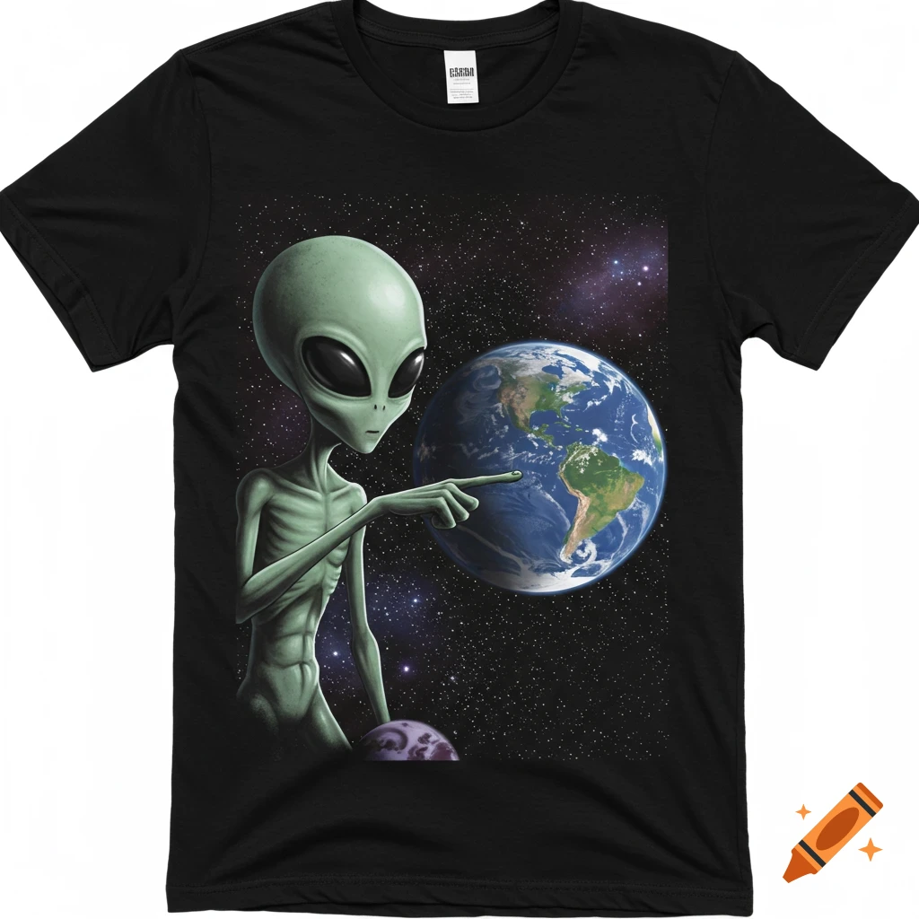 Black t-shirt with a design of a grey alien pointing at Earth in space ...