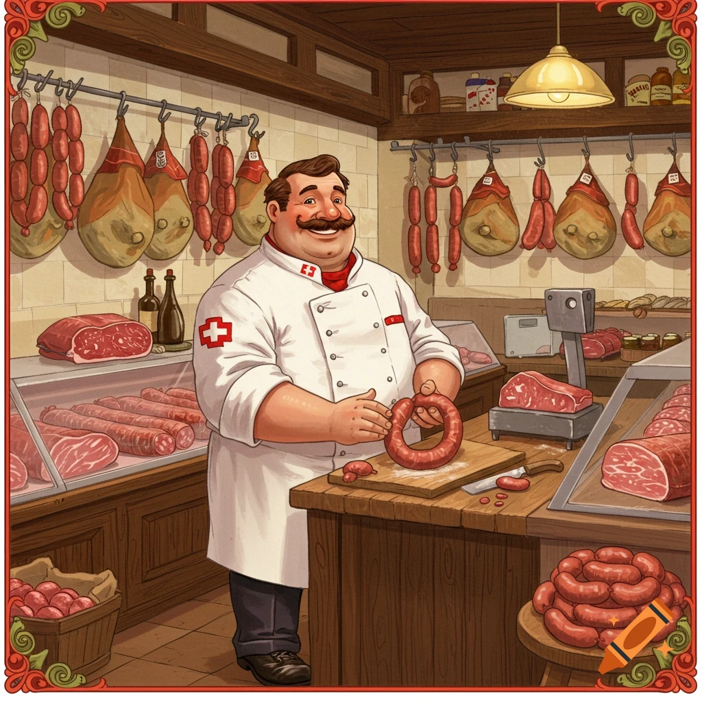 A smiling butcher in a shop holds a ring of sausage, surrounded by meat and sausages.
