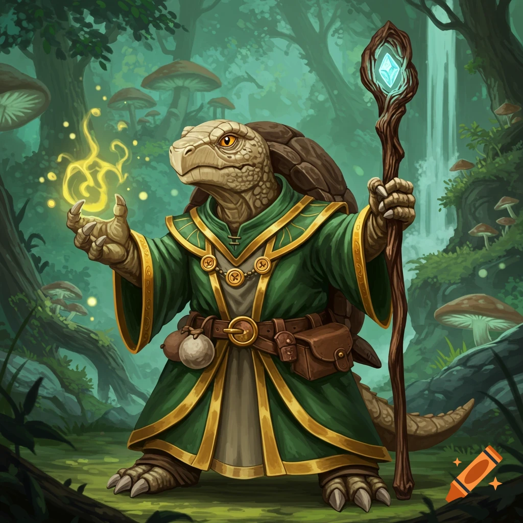 A Tortle wizard casts magic in a forest, holding a staff.