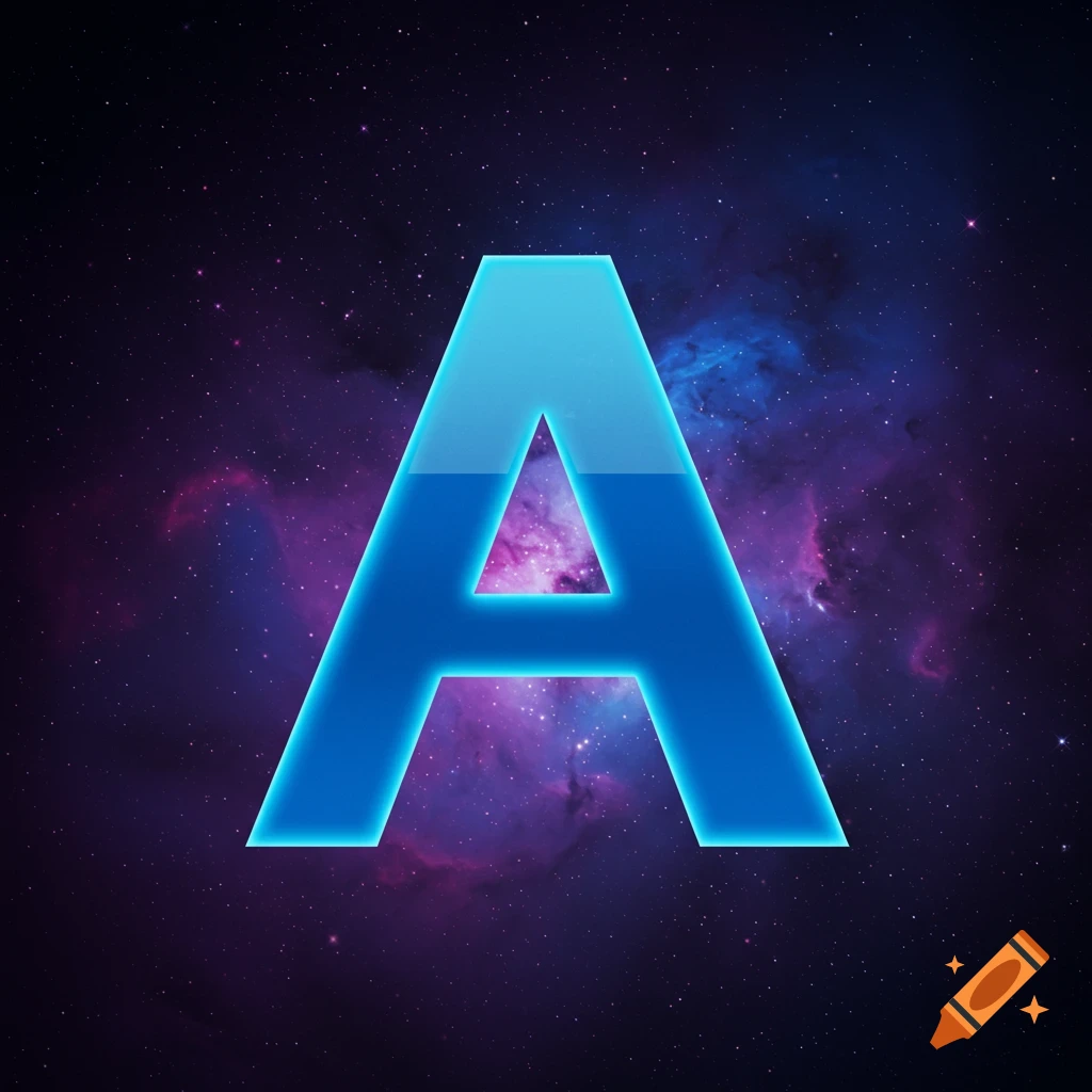 A large blue letter A against a cosmic background of a purple nebula and stars.
