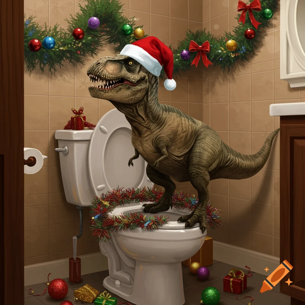 A T-Rex wearing a Santa hat stands on a toilet decorated with Christmas garland in a bathroom.
