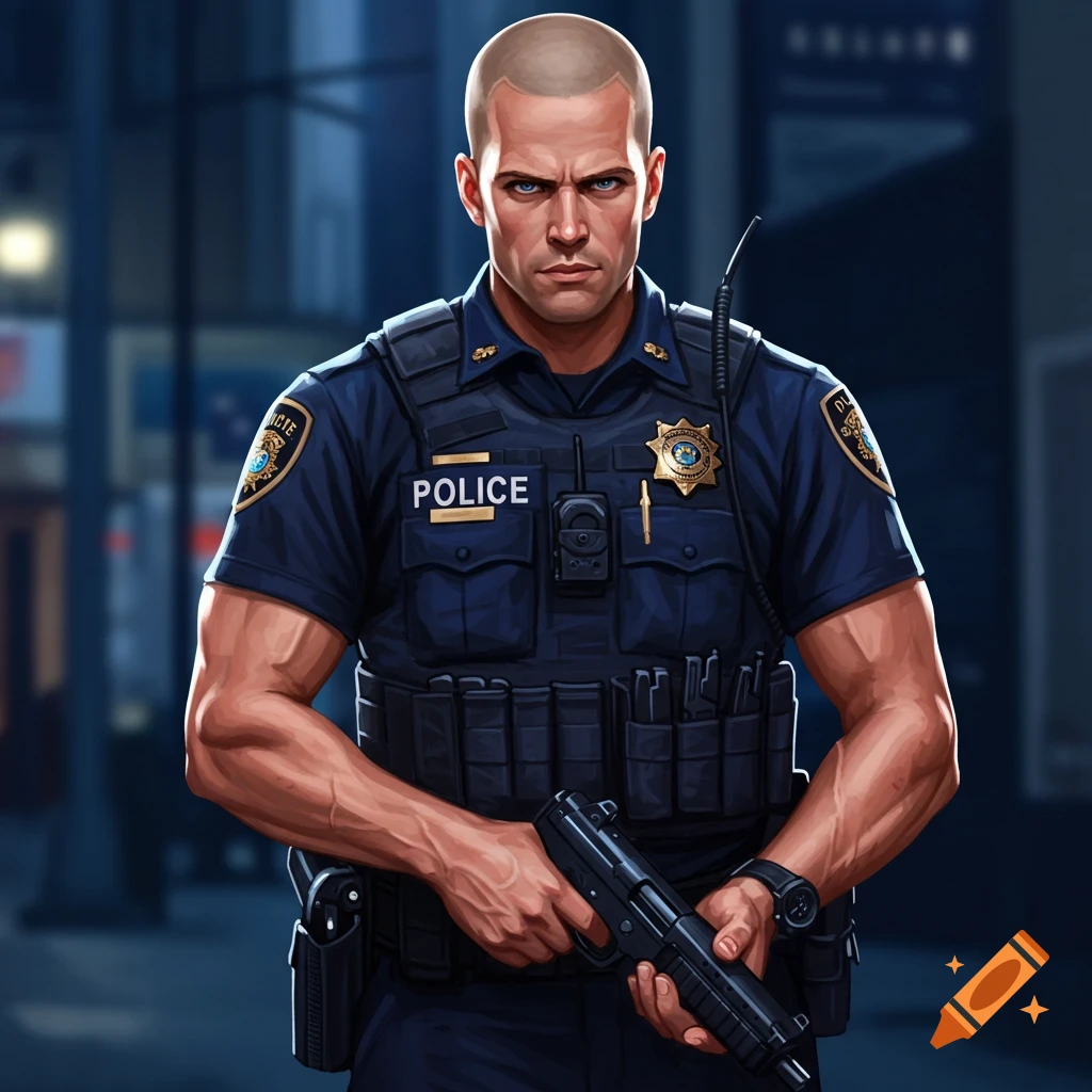 A muscular police officer in uniform holding a gun on a city street.
