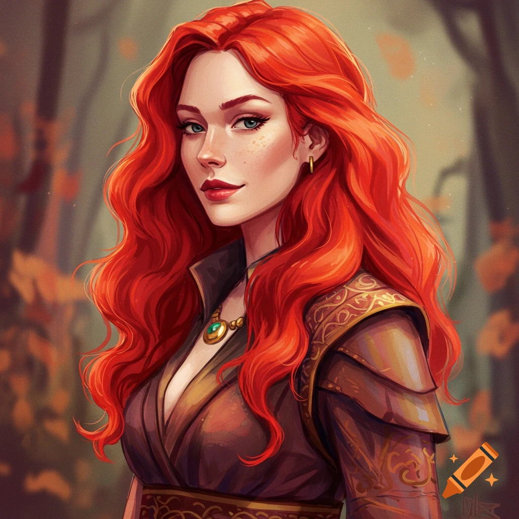 A red-haired woman in fantasy-style clothing in an autumn forest.