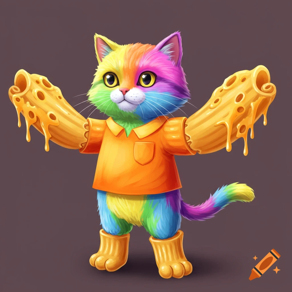 A cartoonish rainbow-colored cat with macaroni and cheese arms and pasta feet wears an orange shirt.