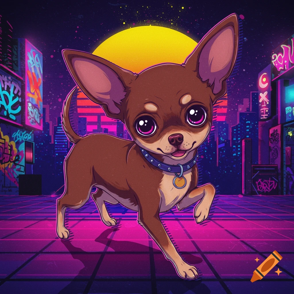 Anime style illustration of a brown chihuahua dog in a neon-lit synthwave city at sunset