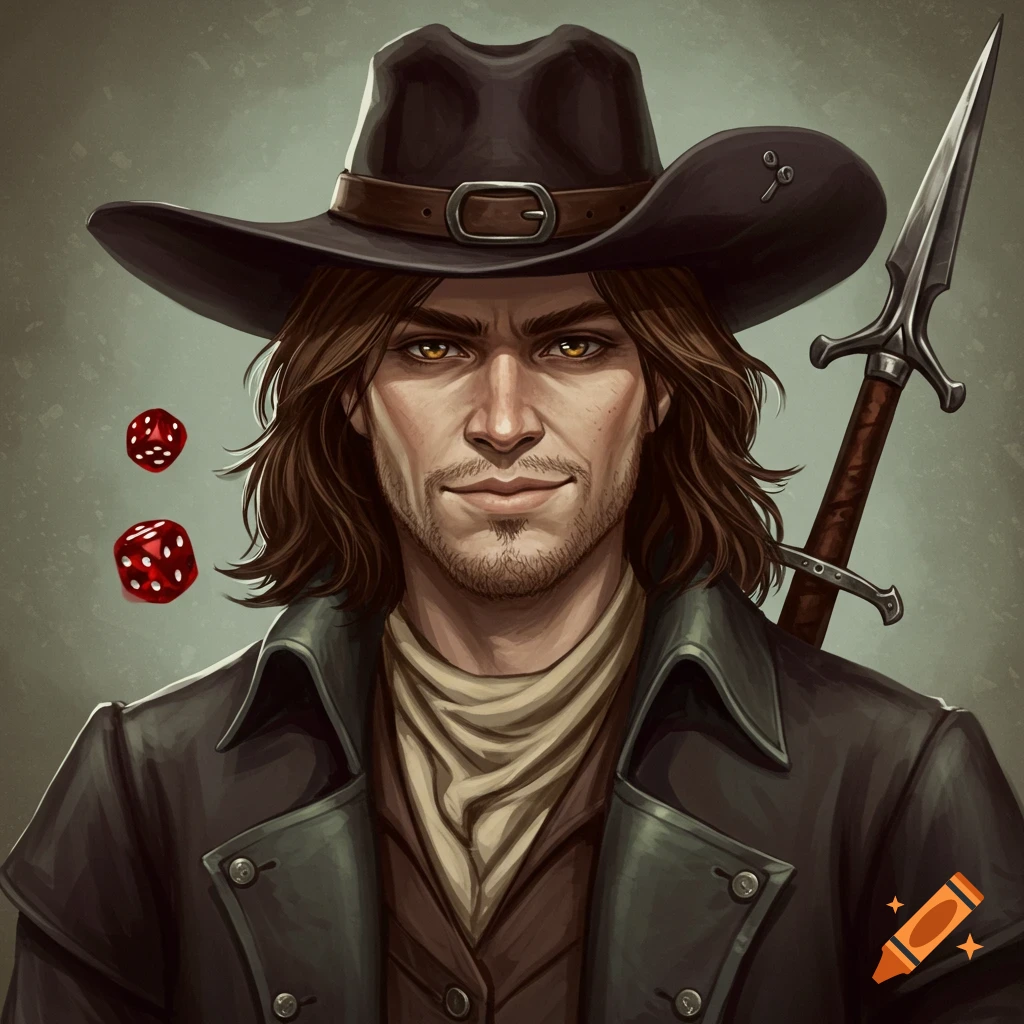 A man in a wide-brimmed hat and coat, with long hair, holding a spear, with two floating dice nearby.