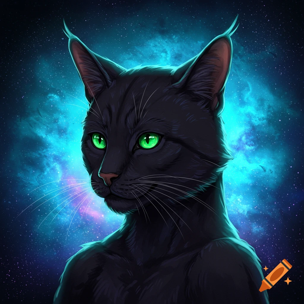 A black cat therian with green eyes is positioned against a background of swirling blue and purple galaxies.