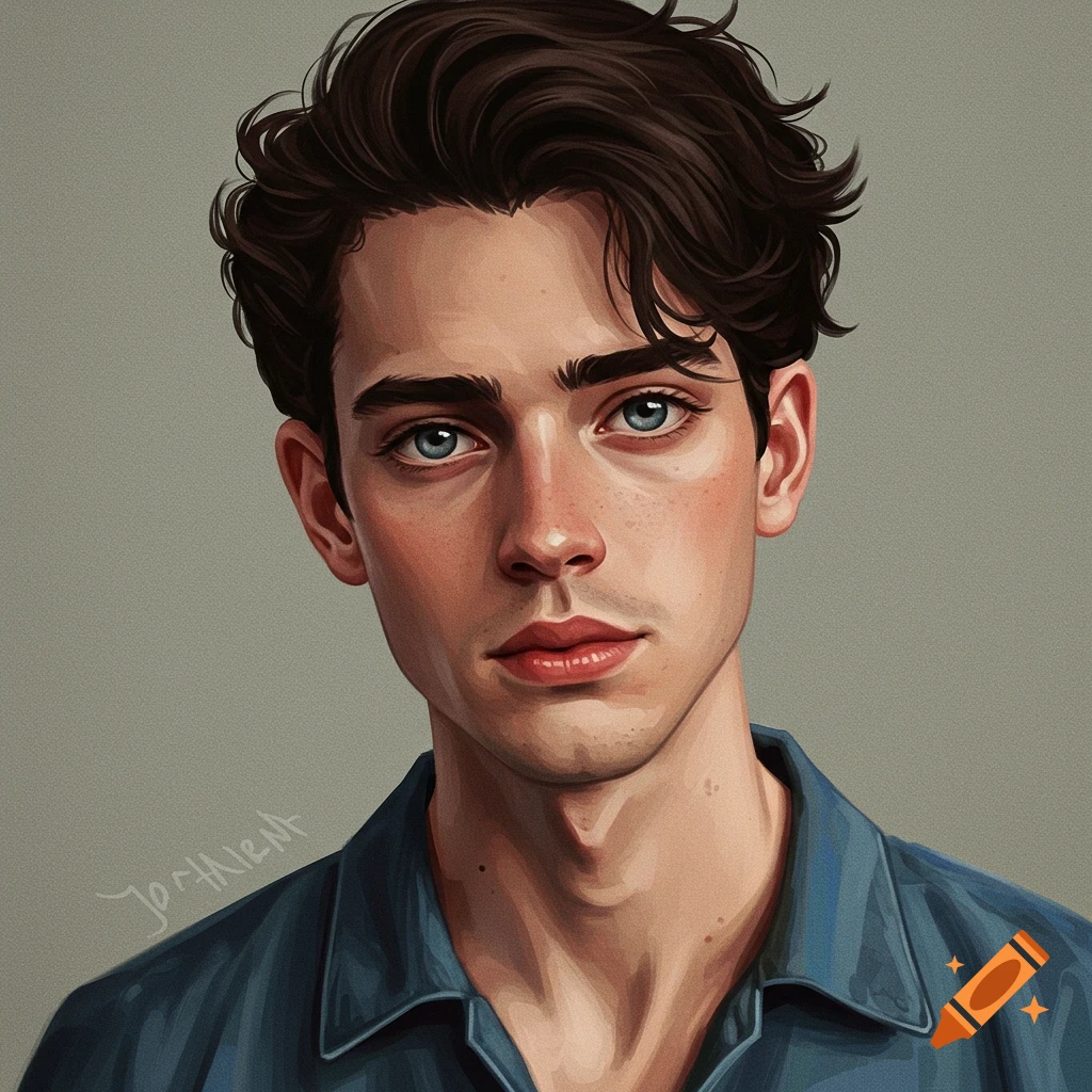 Portrait of a young man with brown hair and blue eyes.