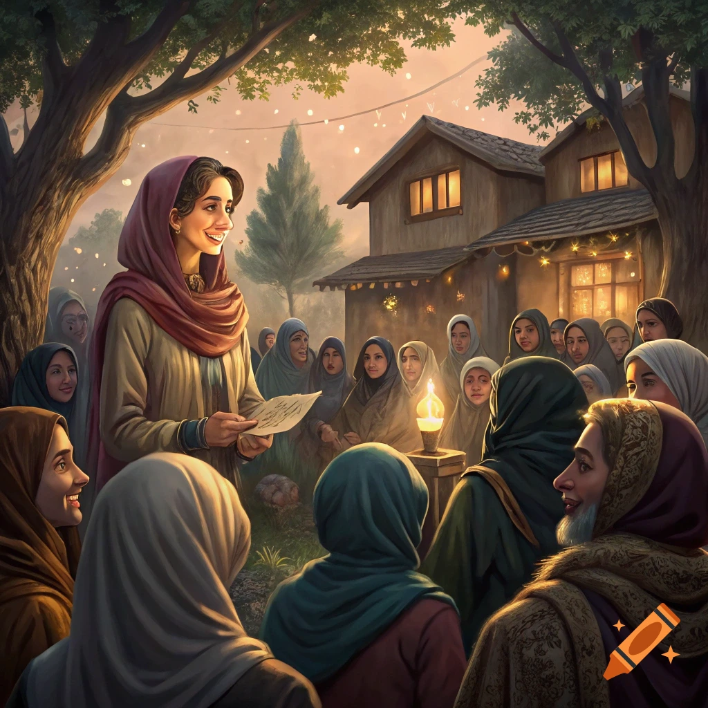 Illustration of a woman telling a story to a group of women in a village at dusk.