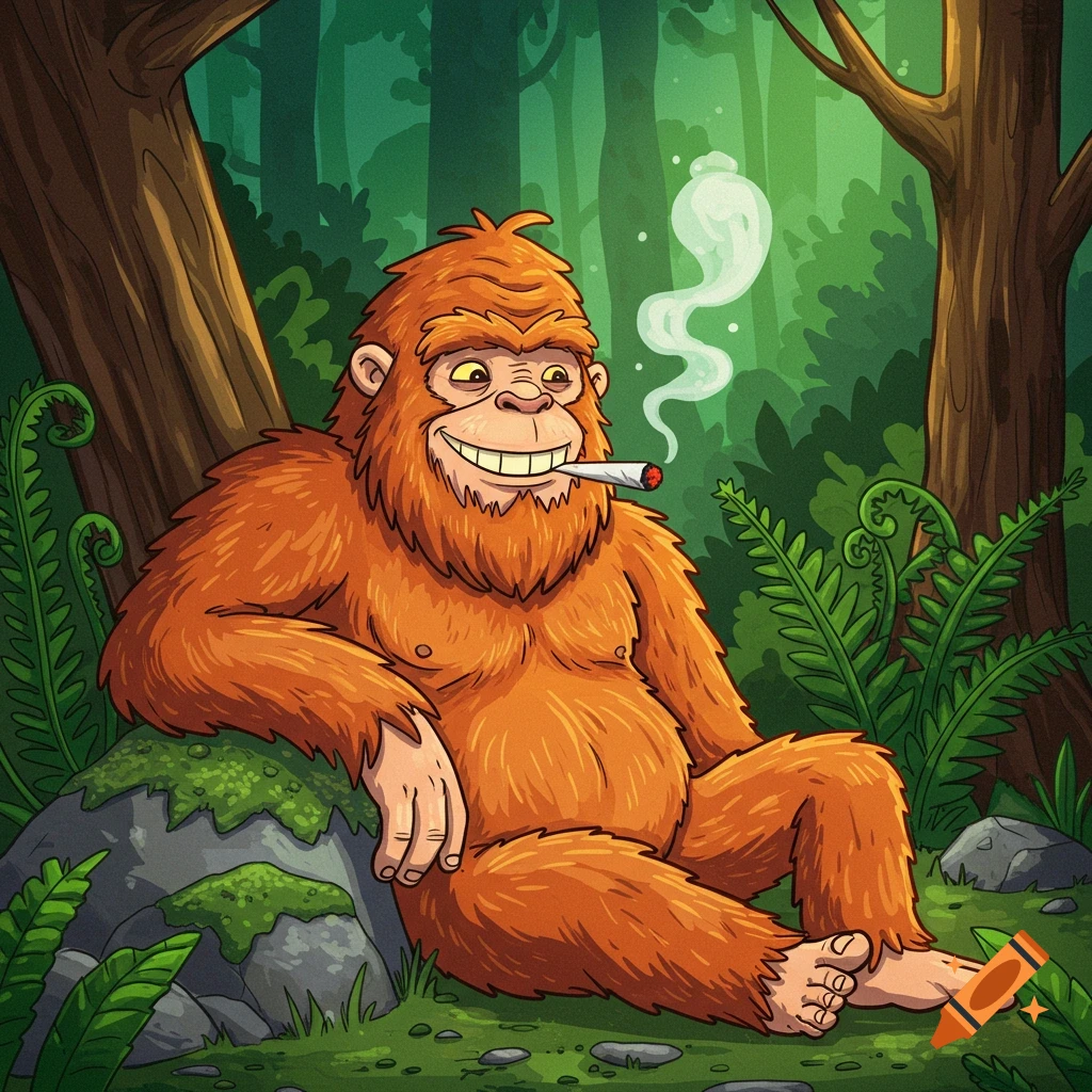 Cartoon of a ginger Sasquatch sitting in a forest and smoking.