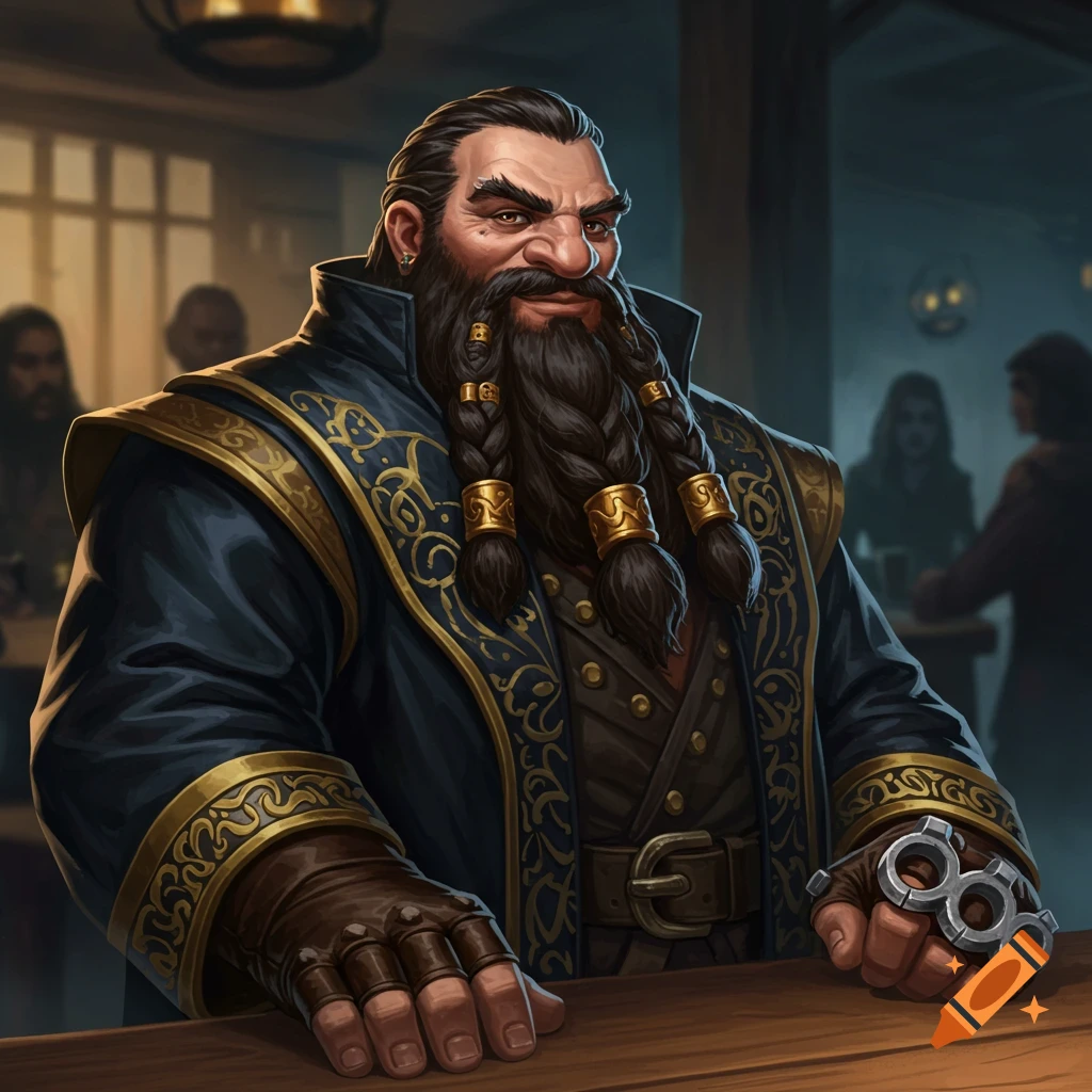 A dwarf rogue with braided beard and brass knuckles is in a dimly lit tavern.