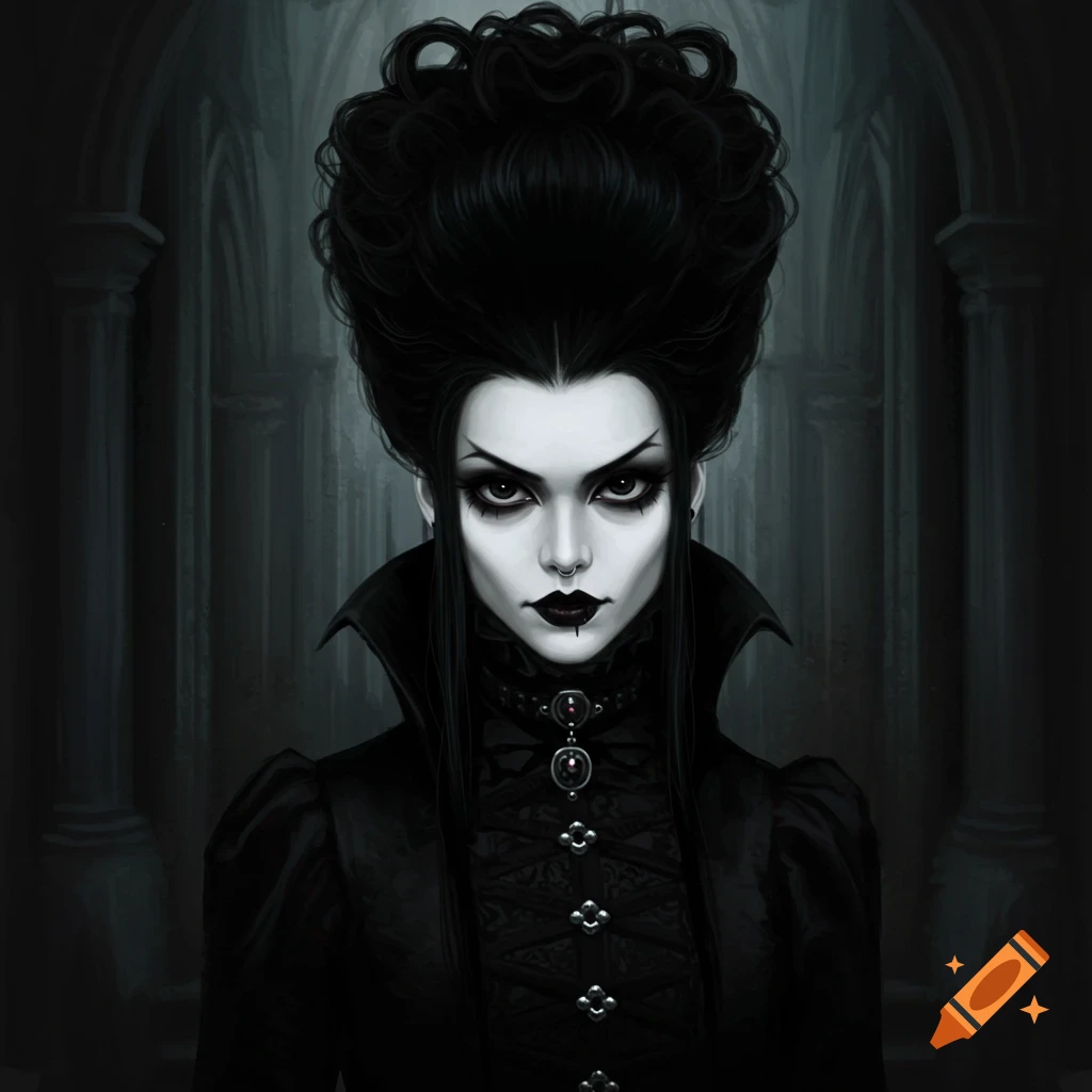 Portrait of a gothic woman with dark makeup and elaborate hair in a dark hallway.