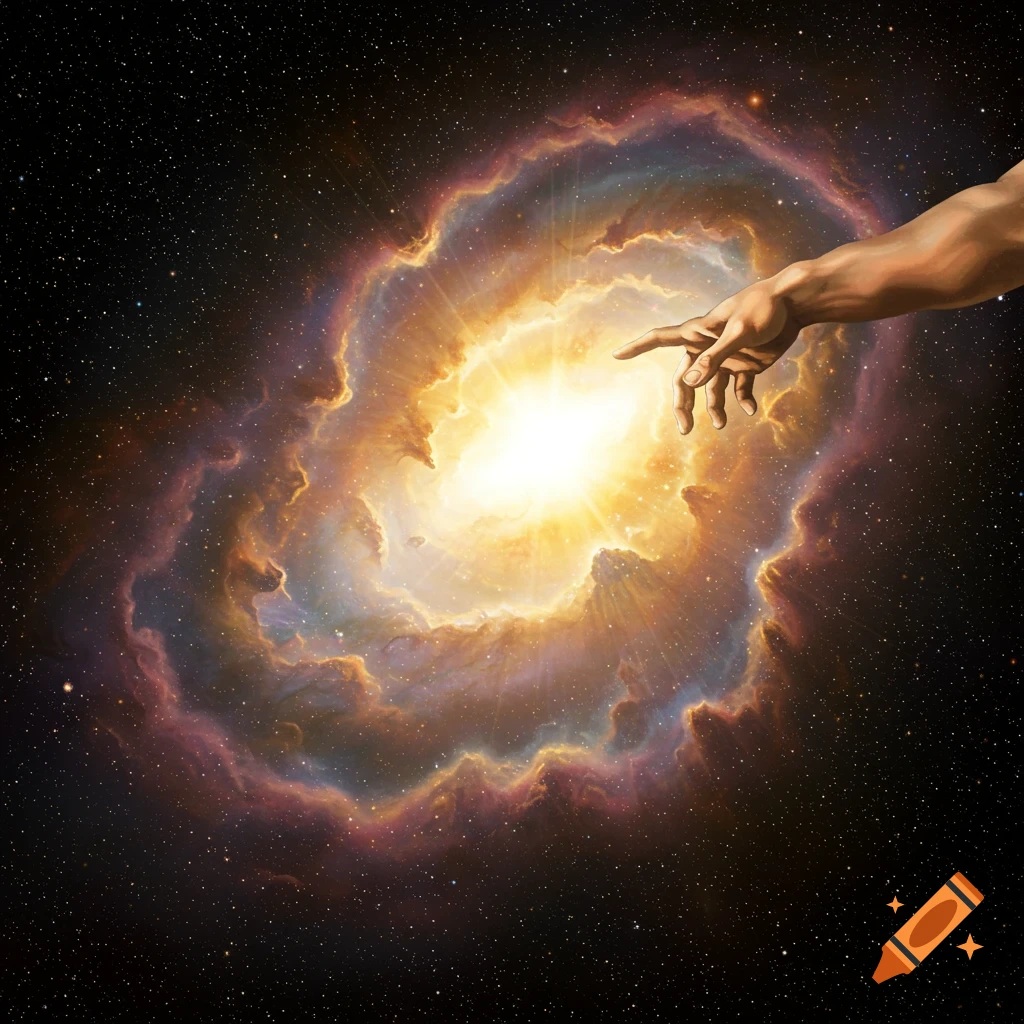 A hand reaching towards a bright nebula in space, representing creation.