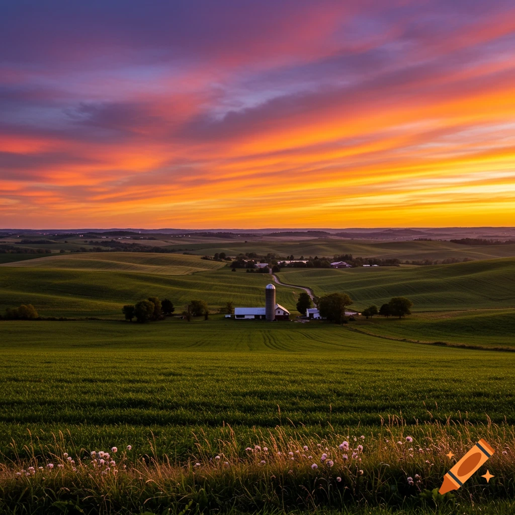A vibrant sunset over rolling green hills with a farm and silo.
