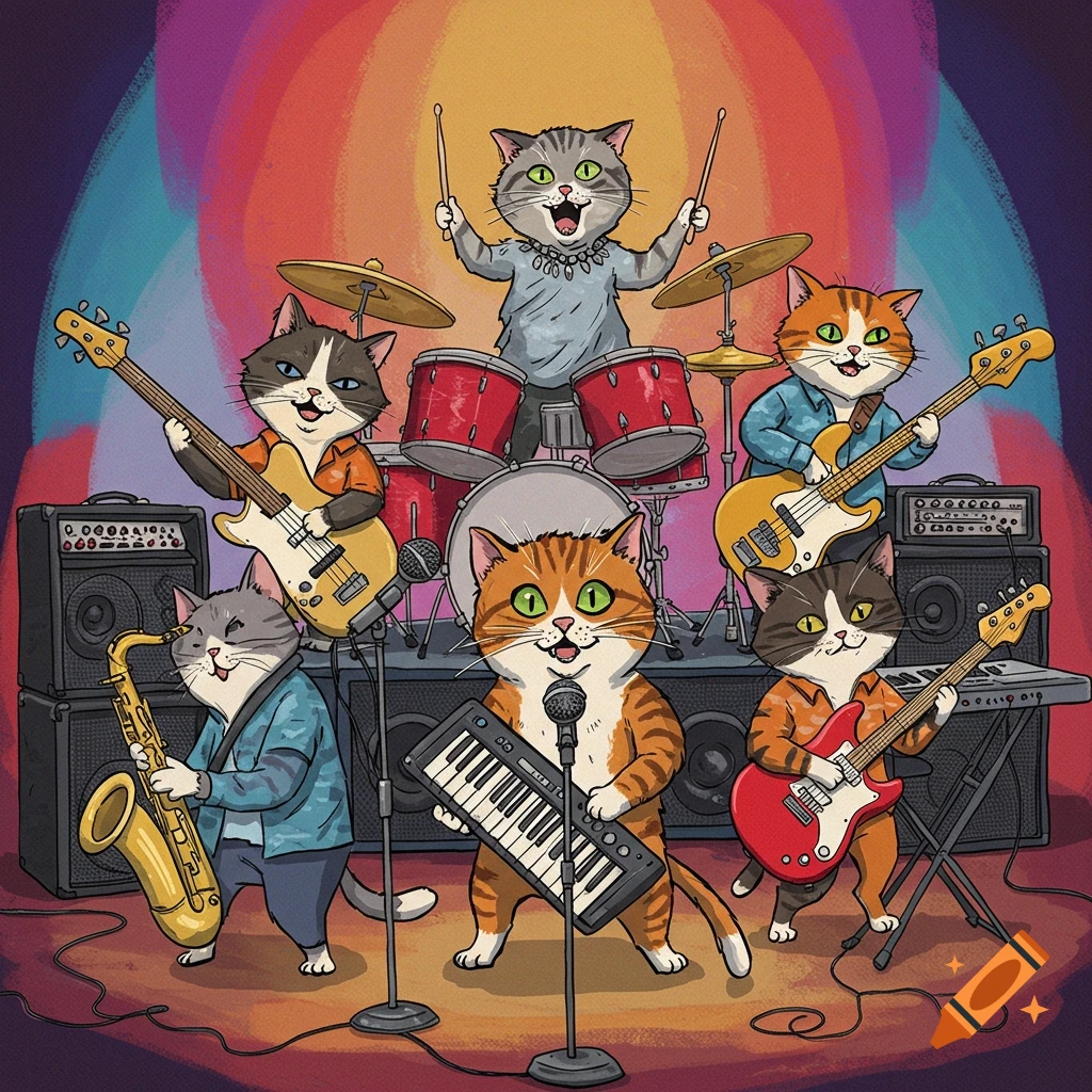Seven cartoon cats playing musical instruments in a rock band on a stage.
